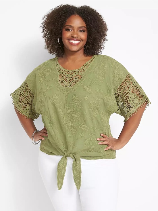 Lane Bryant Tops - Plus Size 26 28 Crochet Olive Green Tie Top Cotton Casual Lane Bryant New NWT